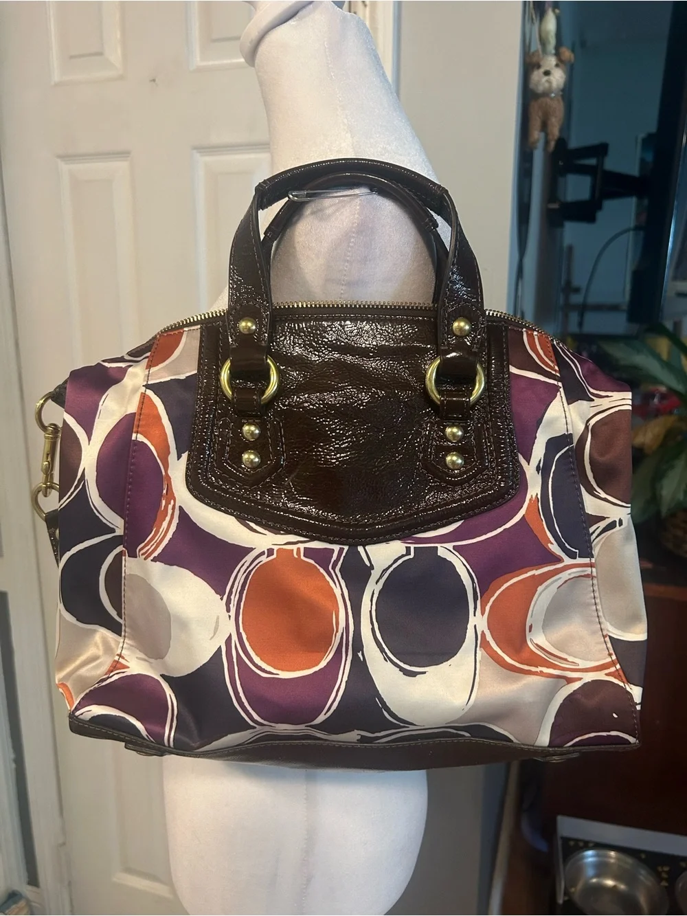 Coach Ashley Multicolor Scarf Print Satchel Shoulder Bag with Brown Leather Trim